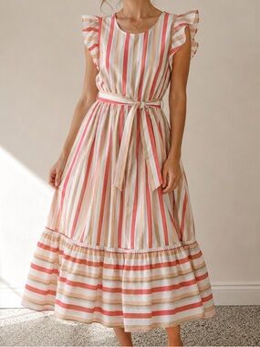 kate spade Coral, Cream & Pink Striped Ruffle Midi Dress